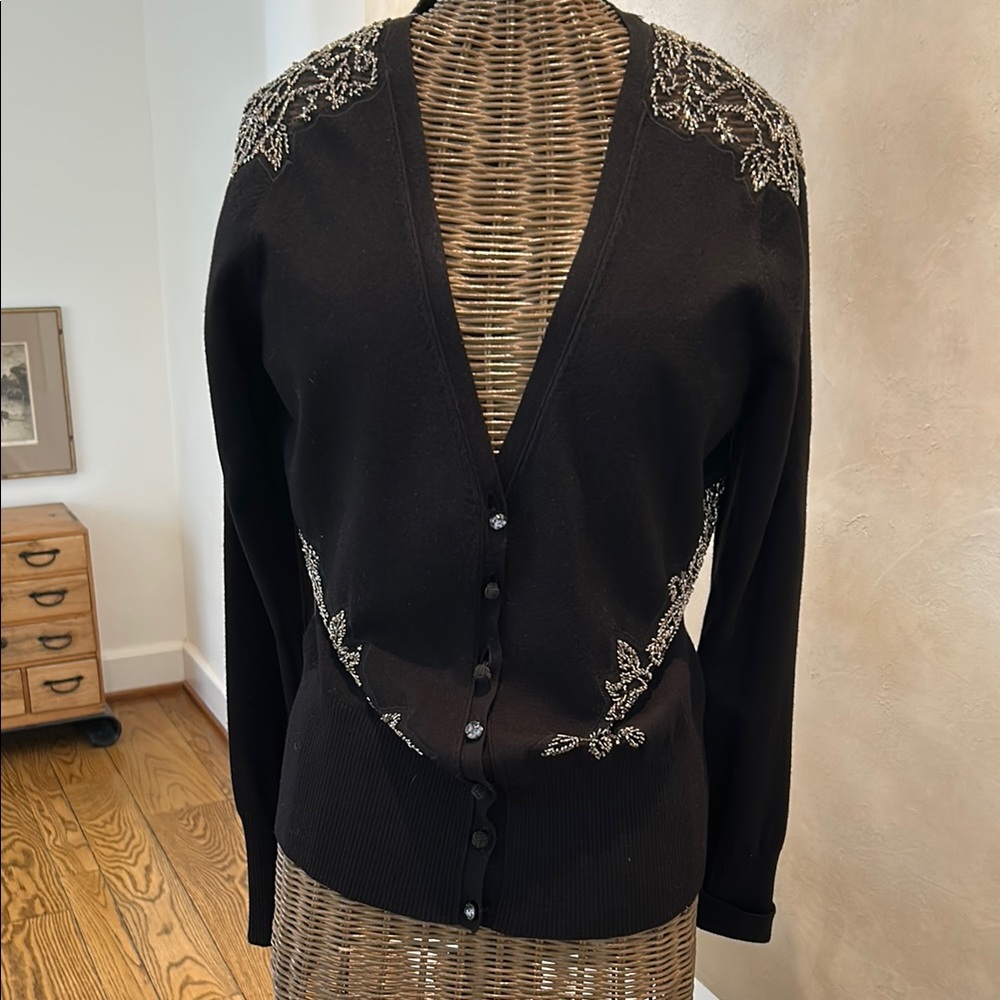 Black Cardigan Sweater with Ornate Shoulder Embellishments